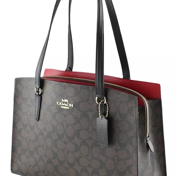 COACH C4075 TATUM CARRYALL TOTE BROWN SIGNATURE WITH BLACK LEATHER NEW WITH TAGS - Picture 3 of 12